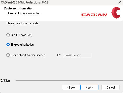 Select CADian License Mode