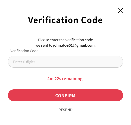 Email verification code entry screen