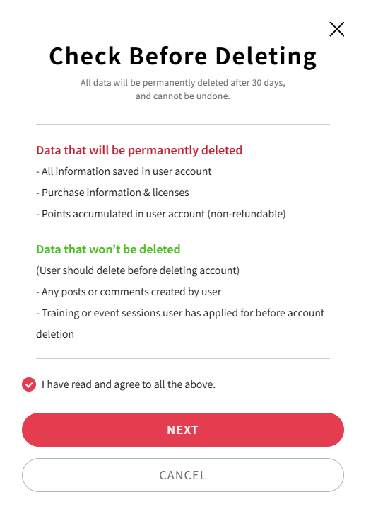 Account deletion agreement screen