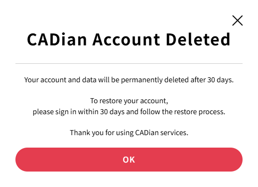 Account deletion completed screen