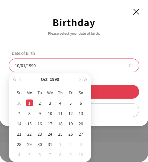 Birthday settings modal - Select Date