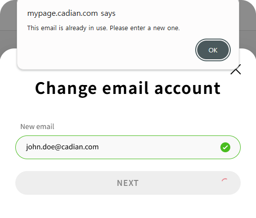 Error message: Cannot use the same email as the current email