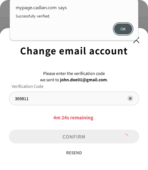 Email account change successful screen