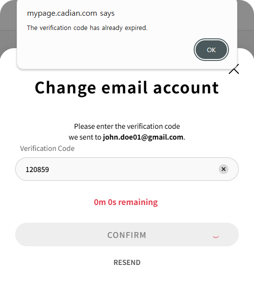 Error message: Email verification code expired