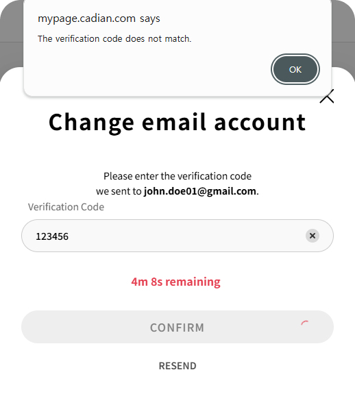 Error message: Incorrect email verification code