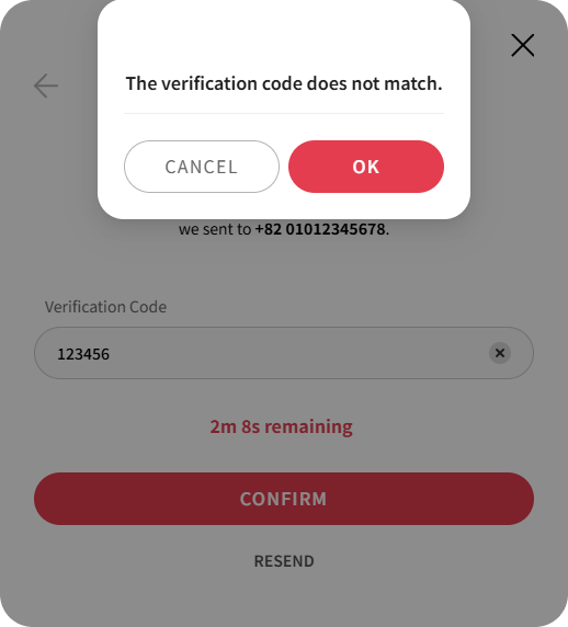 Verification failed - Incorrect verification code