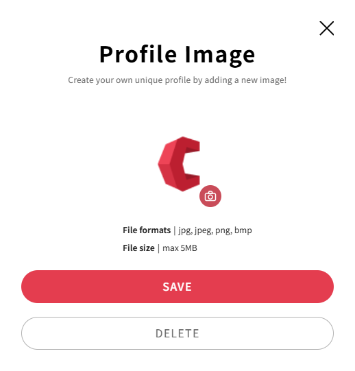 Profile image settings modal save or delete