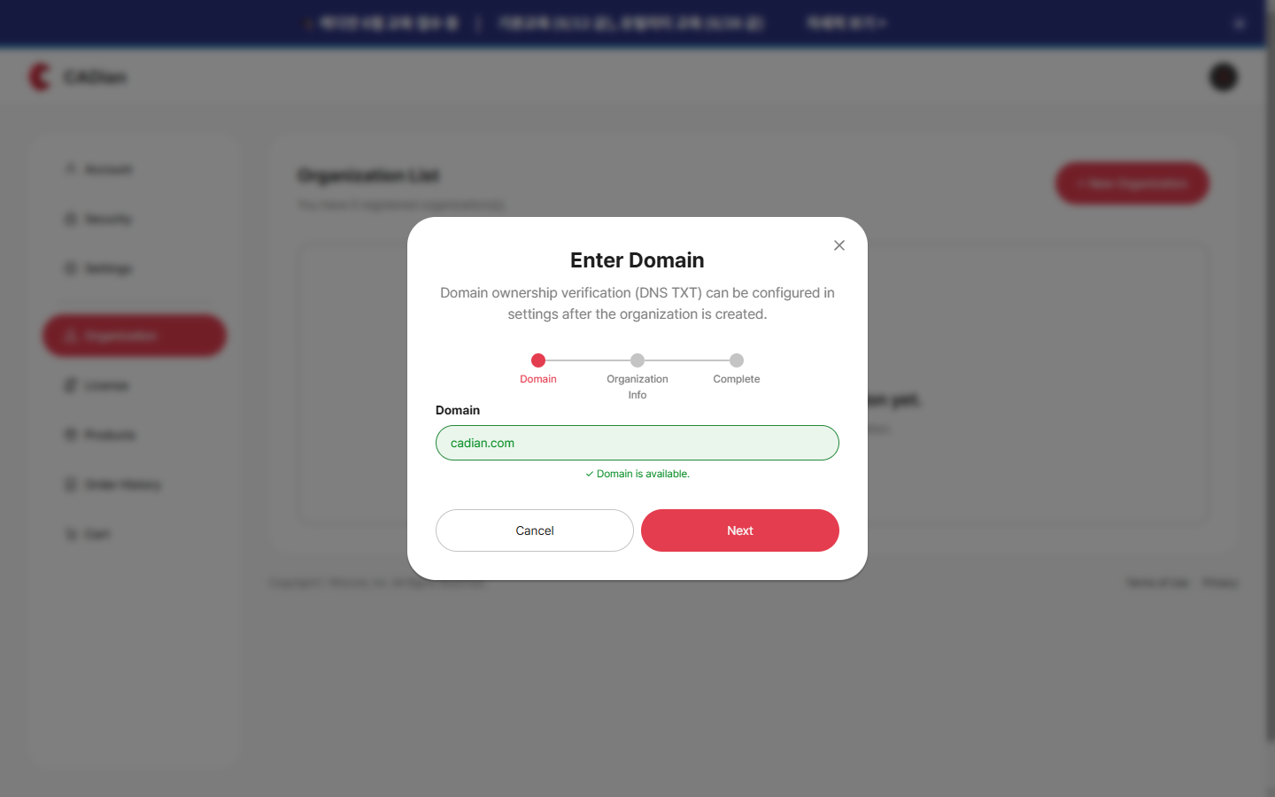 Create organization step 1 — domain entry and validation