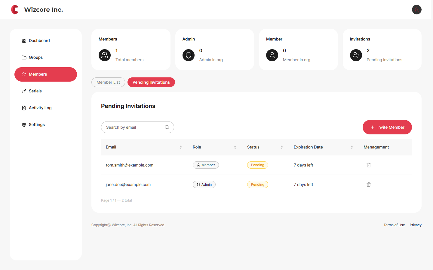 Pending invitations list