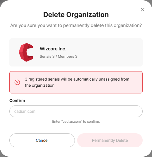 Delete organization confirmation modal