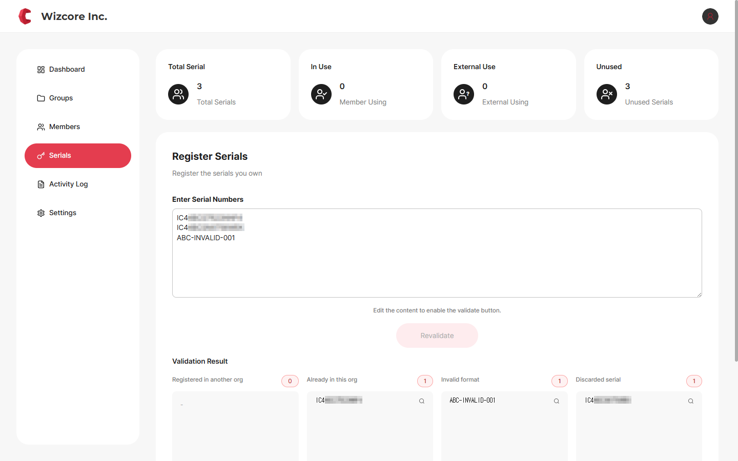 Serial validation result — four categories and success/failure counts