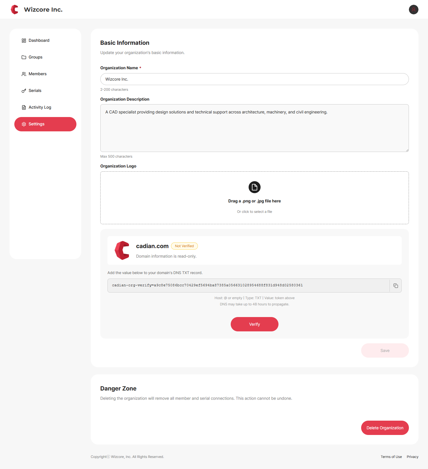 Organization settings — basic info and domain verification