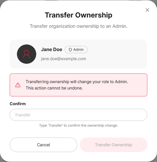 Transfer ownership modal