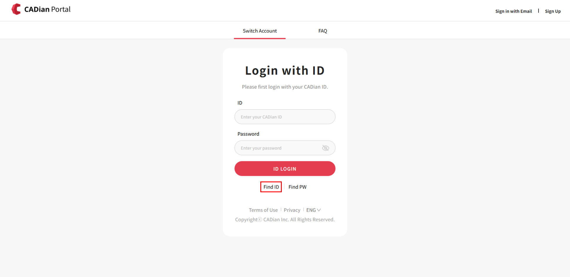 where to find Find ID button from login with ID page