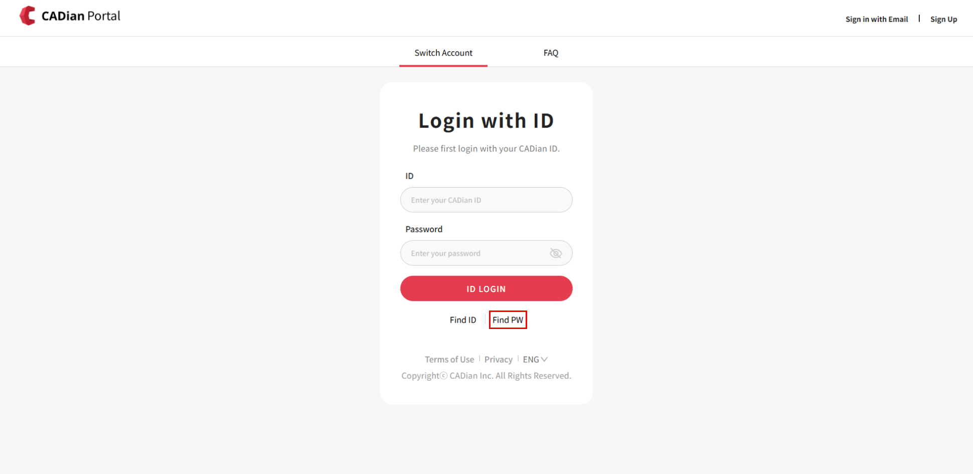 where to find Find PW button from login with ID page