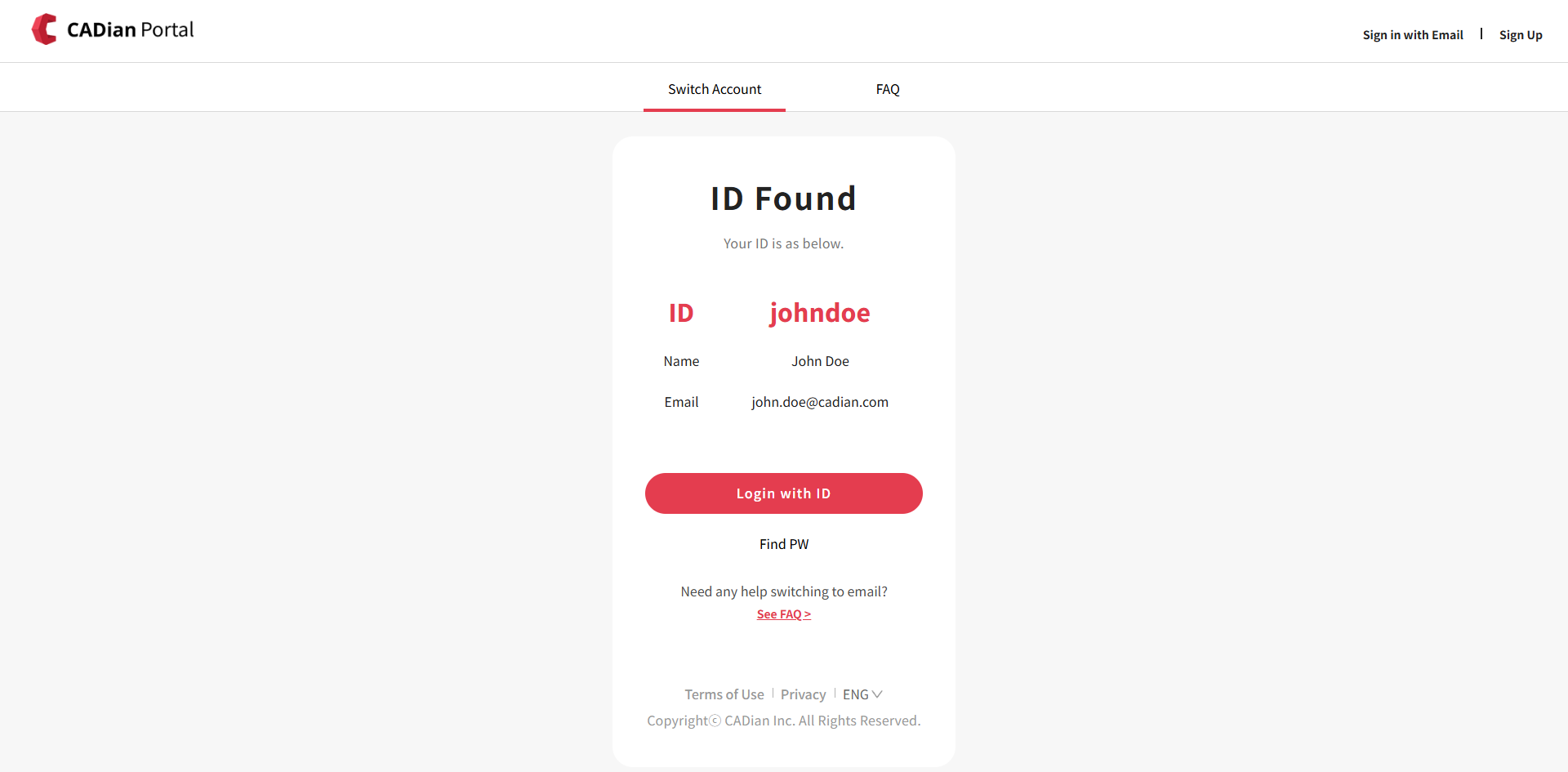 ID found result - ID, name, email